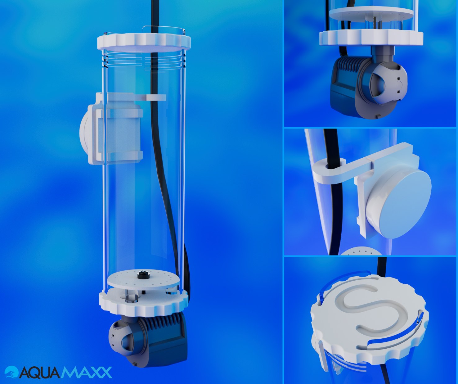 Product 3D visualization of aquarium equipment components for technical presentation.