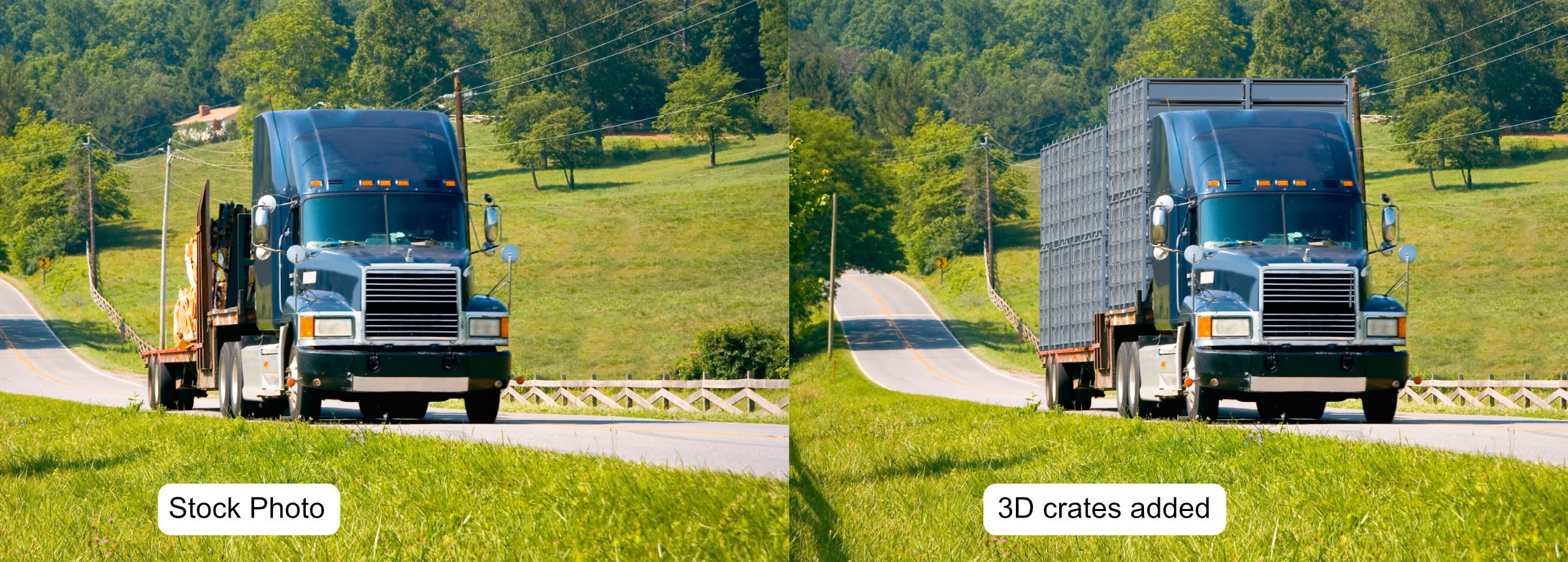 3D visualization of a truck cargo overlay design for transport and utility use.