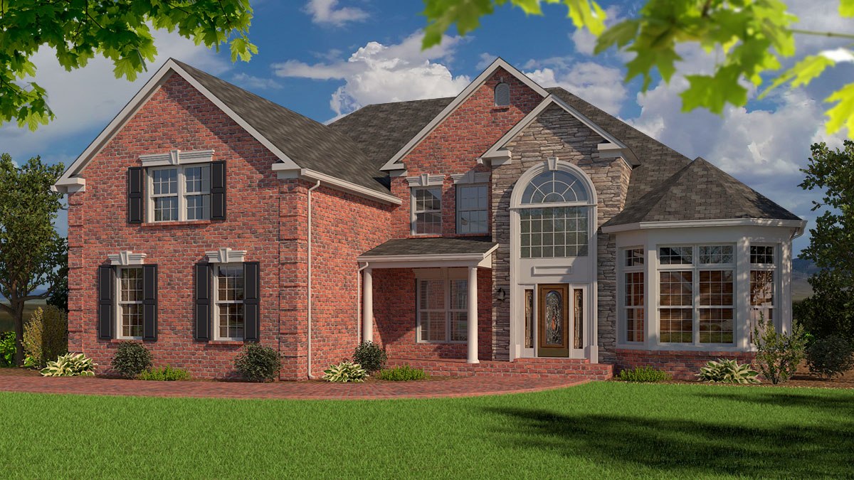 Architectural 3D visualization of a residential home exterior with brick facade and landscaping.