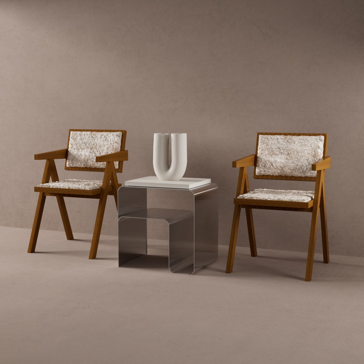 3D visualization of modern furniture designs in a studio setting.