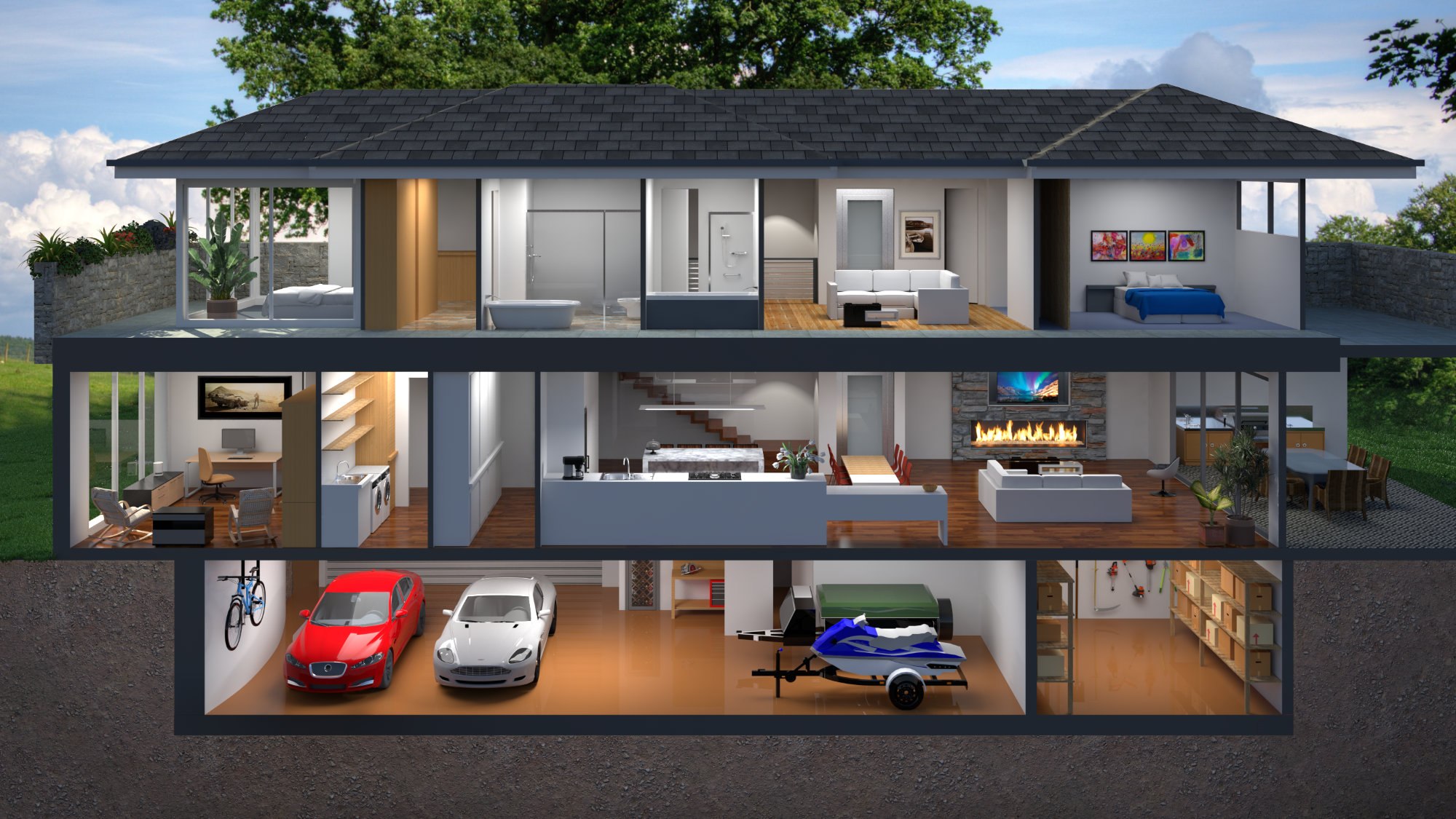 Architectural 3D visualization of a modern residential building design.