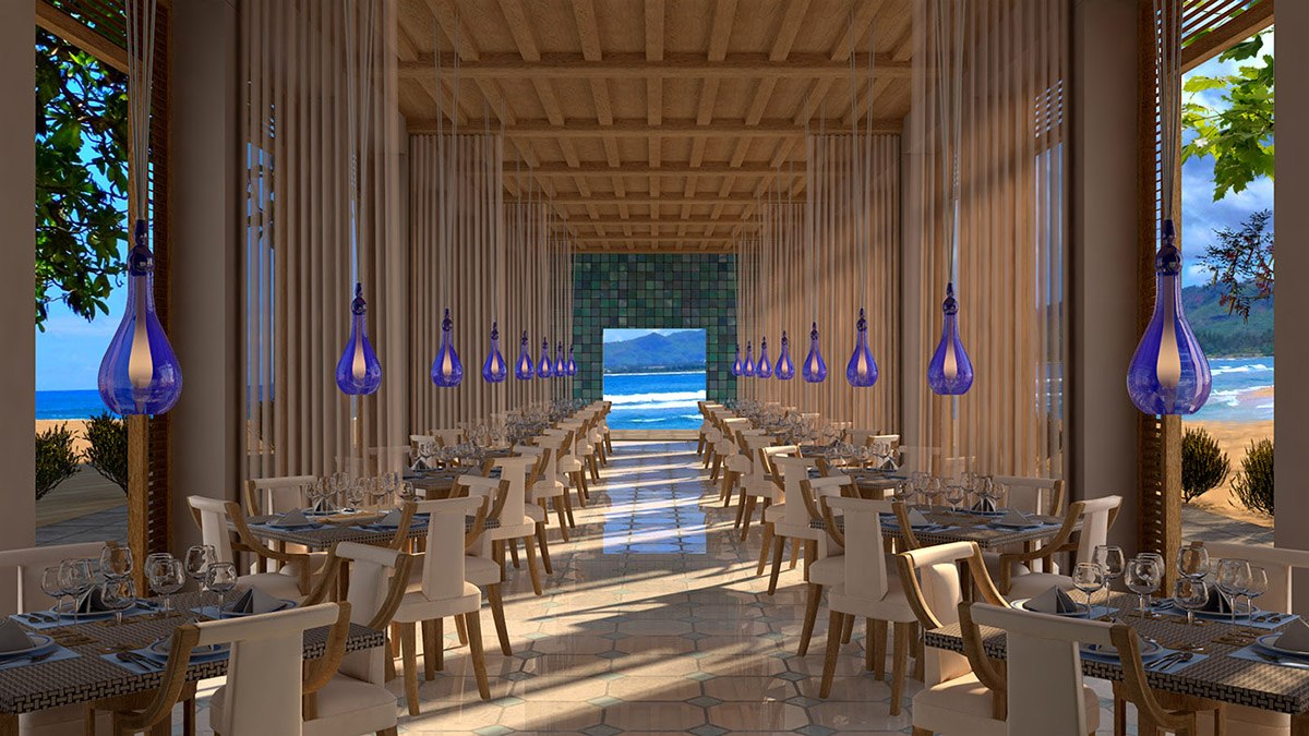 Interior 3D visualization of a modern restaurant dining space with lighting and seating layout.
