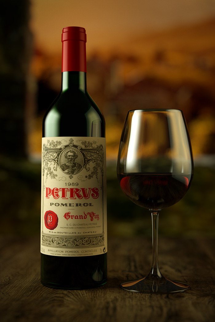 Product-focused 3D visualization featuring a wine bottle and glass for marketing imagery.