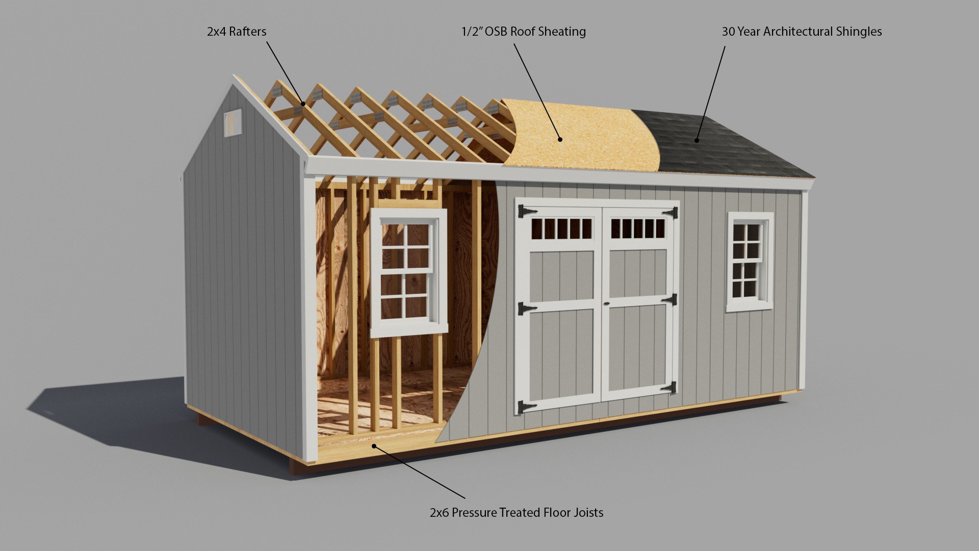 Architectural 3D visualization of a small building concept with exterior details.
