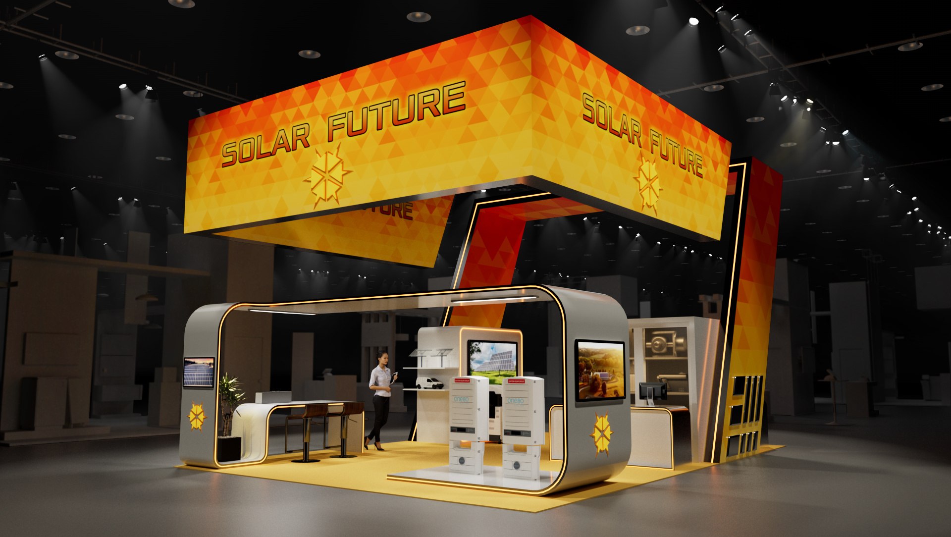 3D visualization of a custom convention booth design for trade show and event use.