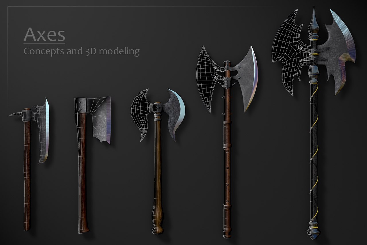 3D modeling and visualization of fantasy weapon designs for concept development.