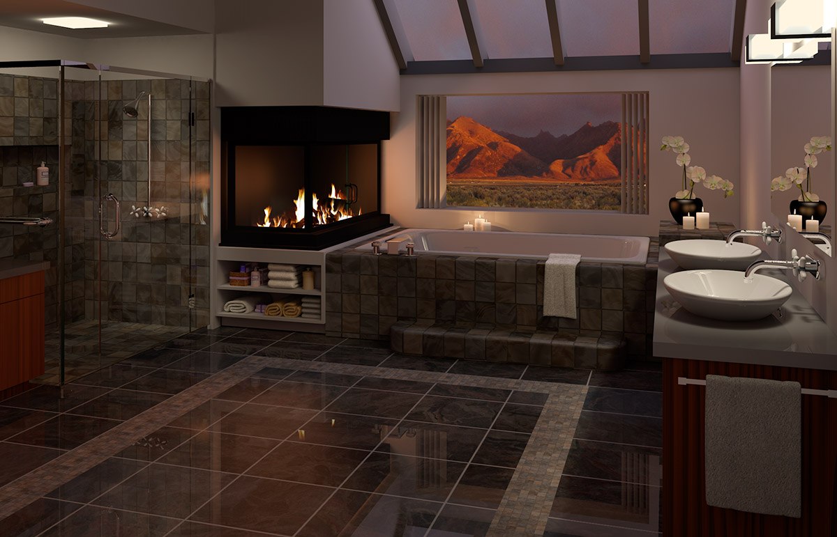 Interior 3D visualization of an ornate historic-style bathroom with detailed finishes and lighting.