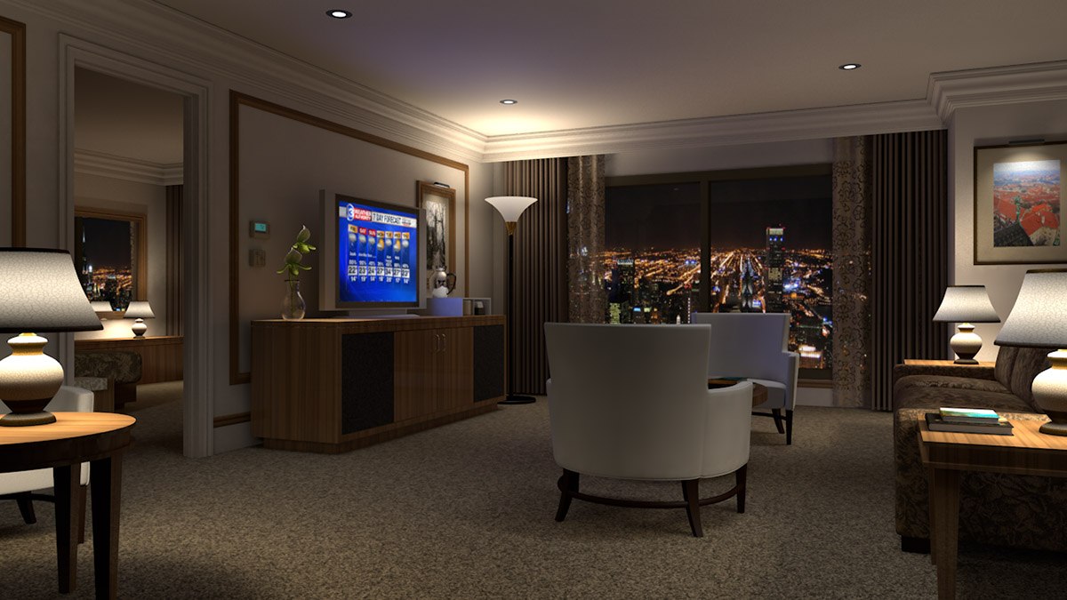 Interior 3D visualization showing a contemporary living space with furniture and lighting.