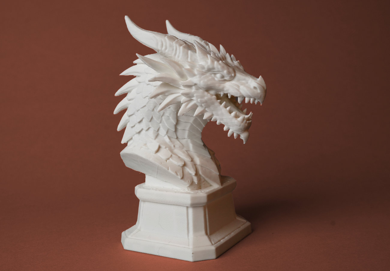 3D printed dragon head bust with detailed sculpted features