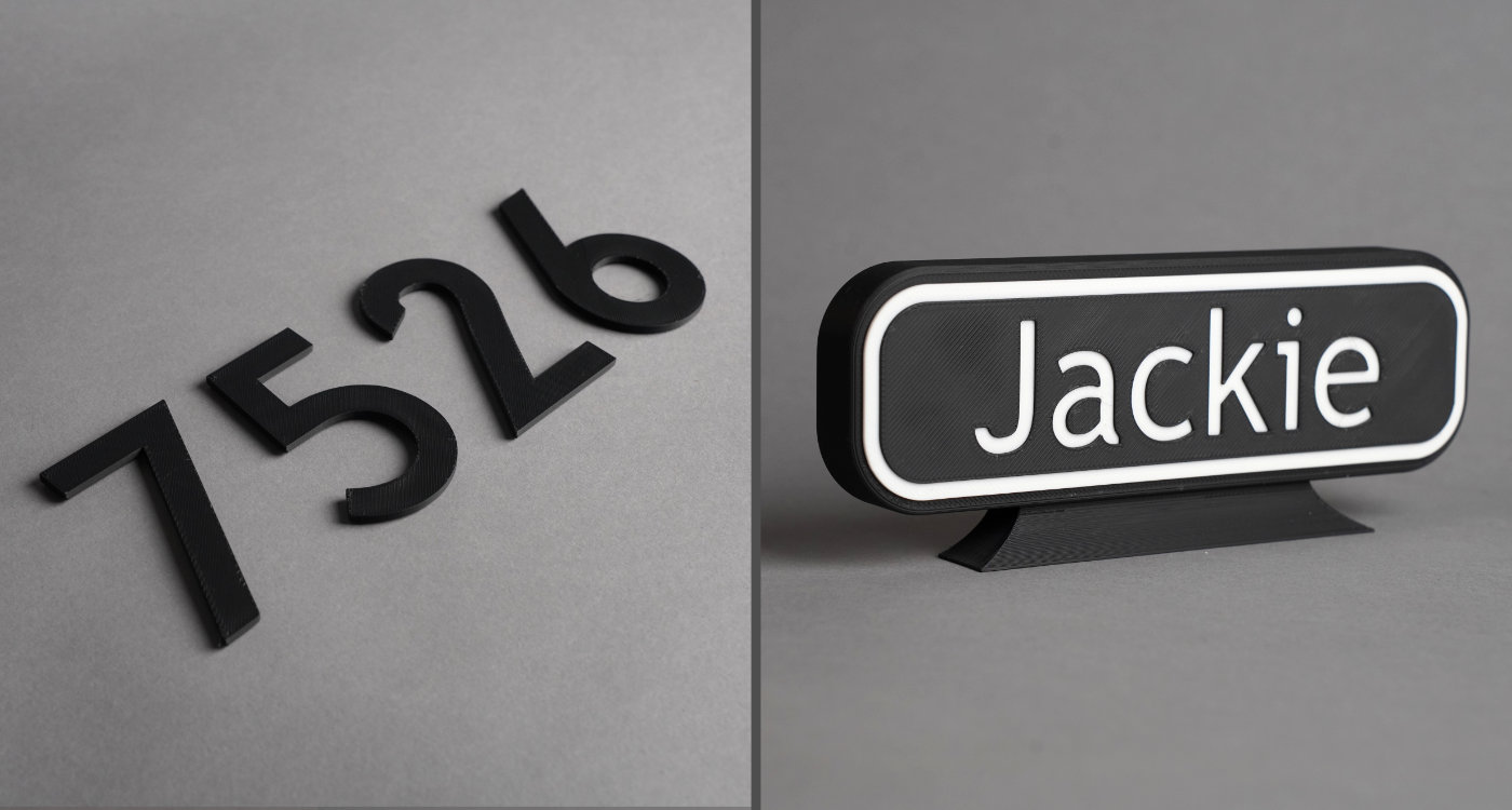 Custom 3D printed house numbers and desk nameplate examples